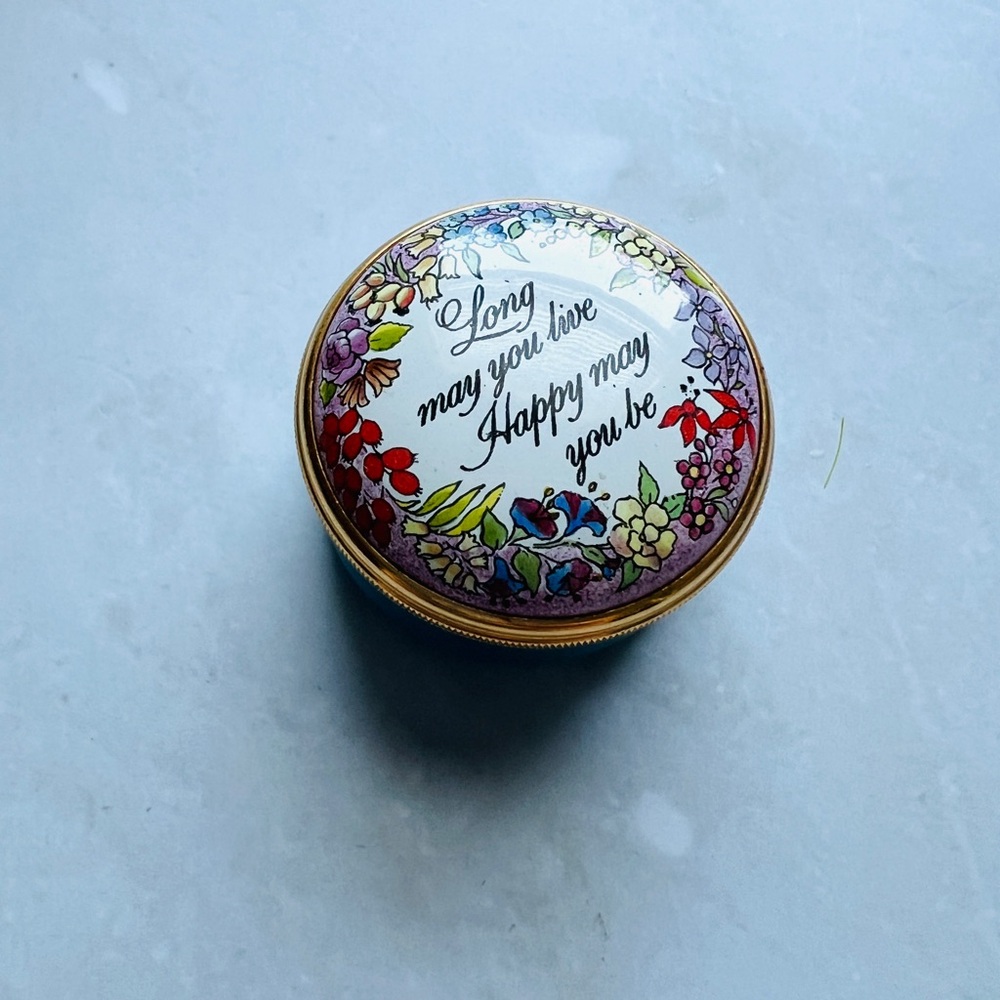 Enamel Trinket Box with Floral Wreath and Sentiment